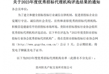 貴州陽(yáng)光產(chǎn)權(quán)交易所榮獲2023年度優(yōu)秀招標(biāo)代理機(jī)構(gòu)